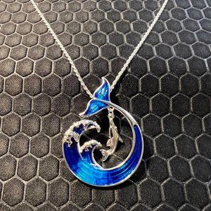 Dolphin and Wave Necklace Blue and Silver-18K White Gold Plated
